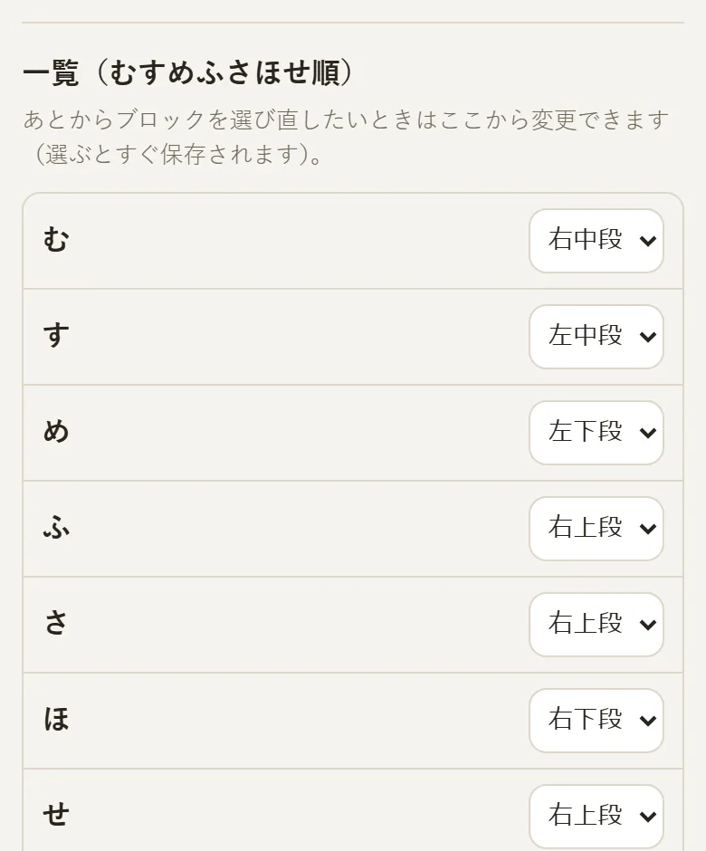 「一覧(むすめふさほせ順)」。札ごとに、登録しているブロックを選べる選択ボックスが並んでいる