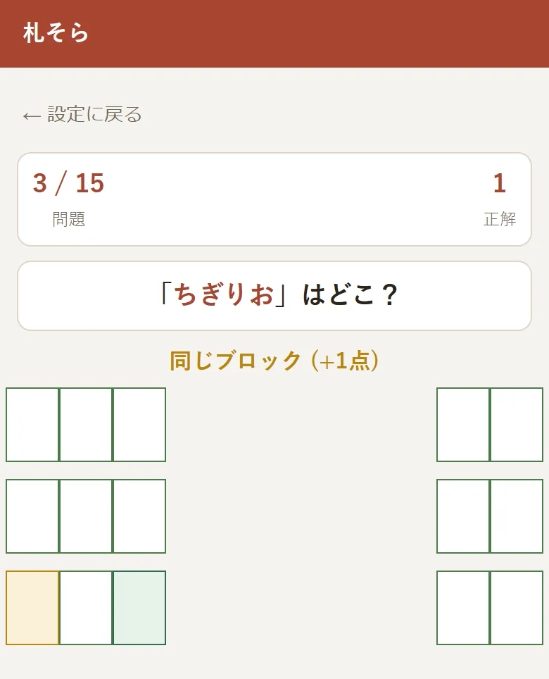 1点の判定画面。「同じブロック (+1点)」と表示され、選んだ札が黄色、正解の札が緑色になっている
