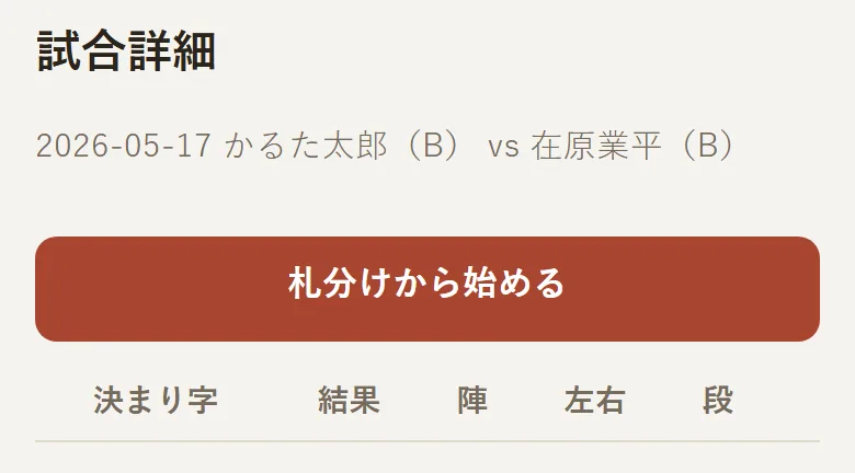 札を入力していない試合の試合詳細画面。「札分けから始める」のボタンが表示されている
